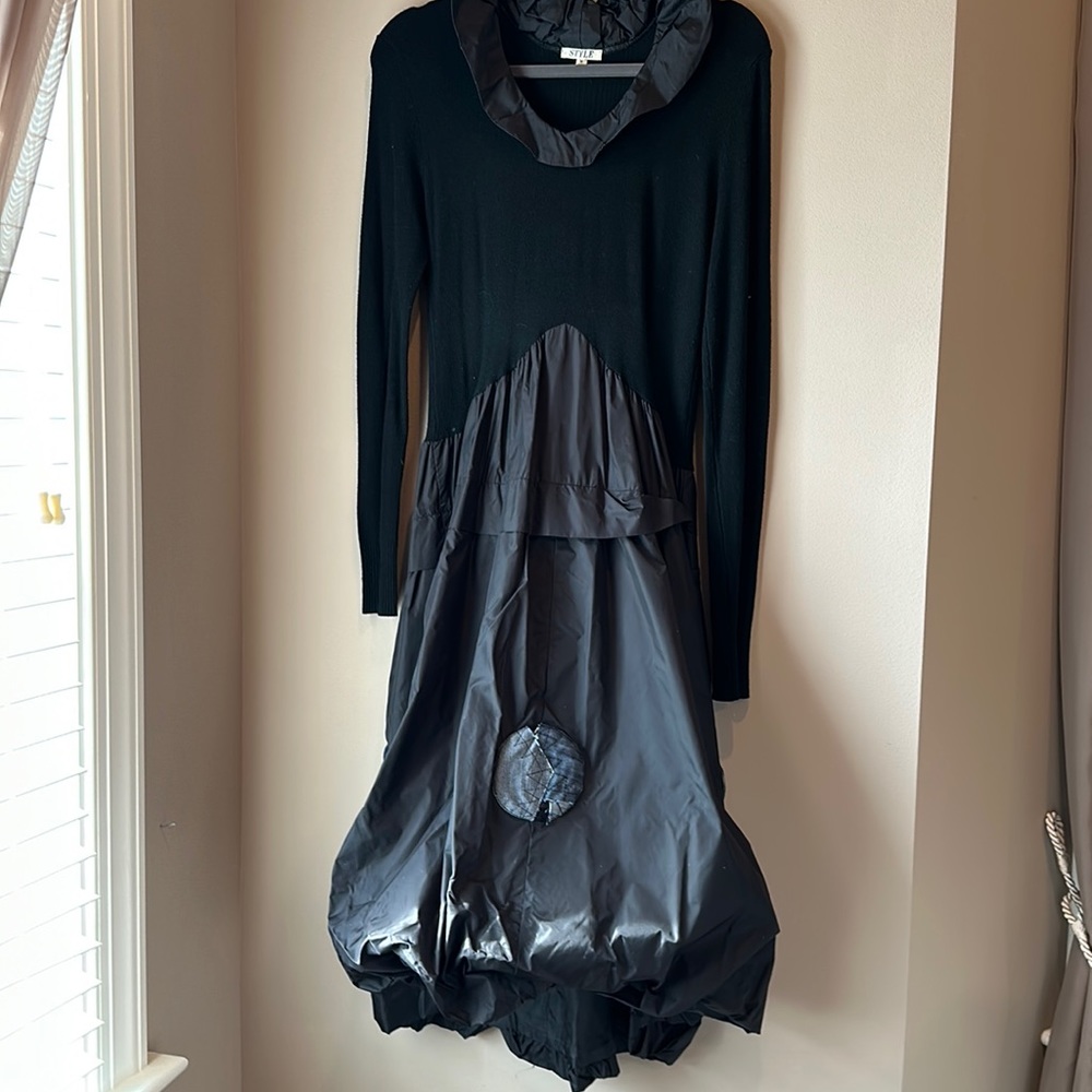 Sweater dress with taffeta skirt, denim detail. Size M